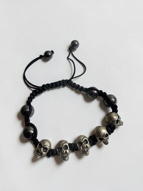 Silver Skull Adjustable Bracelet Black Hematite Beads Gothic Biker Unisex